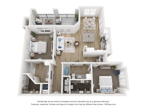 Floor plan for 2 beds, 2 baths, 1170 sqft